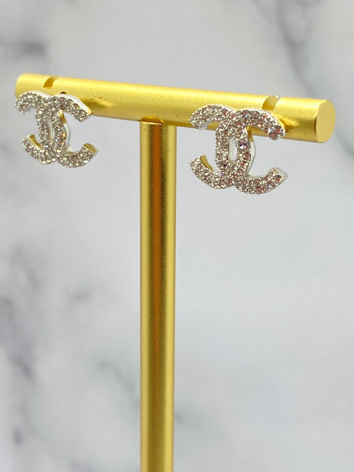 CHANEL CC Silver Tone Rhinestone Earrings - Pre owned