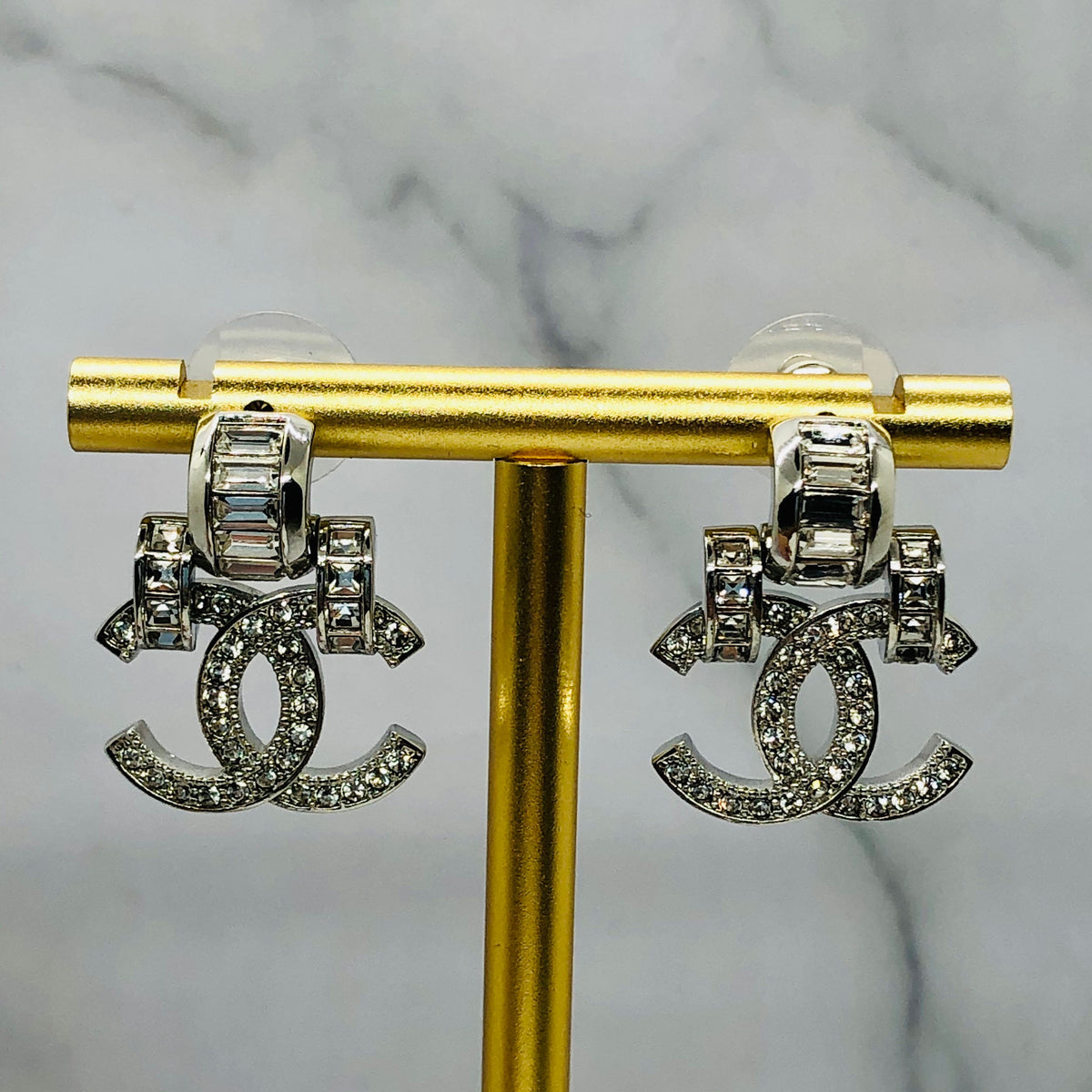 CHANEL CC Silver Tone Rhinestone Earrings - USED