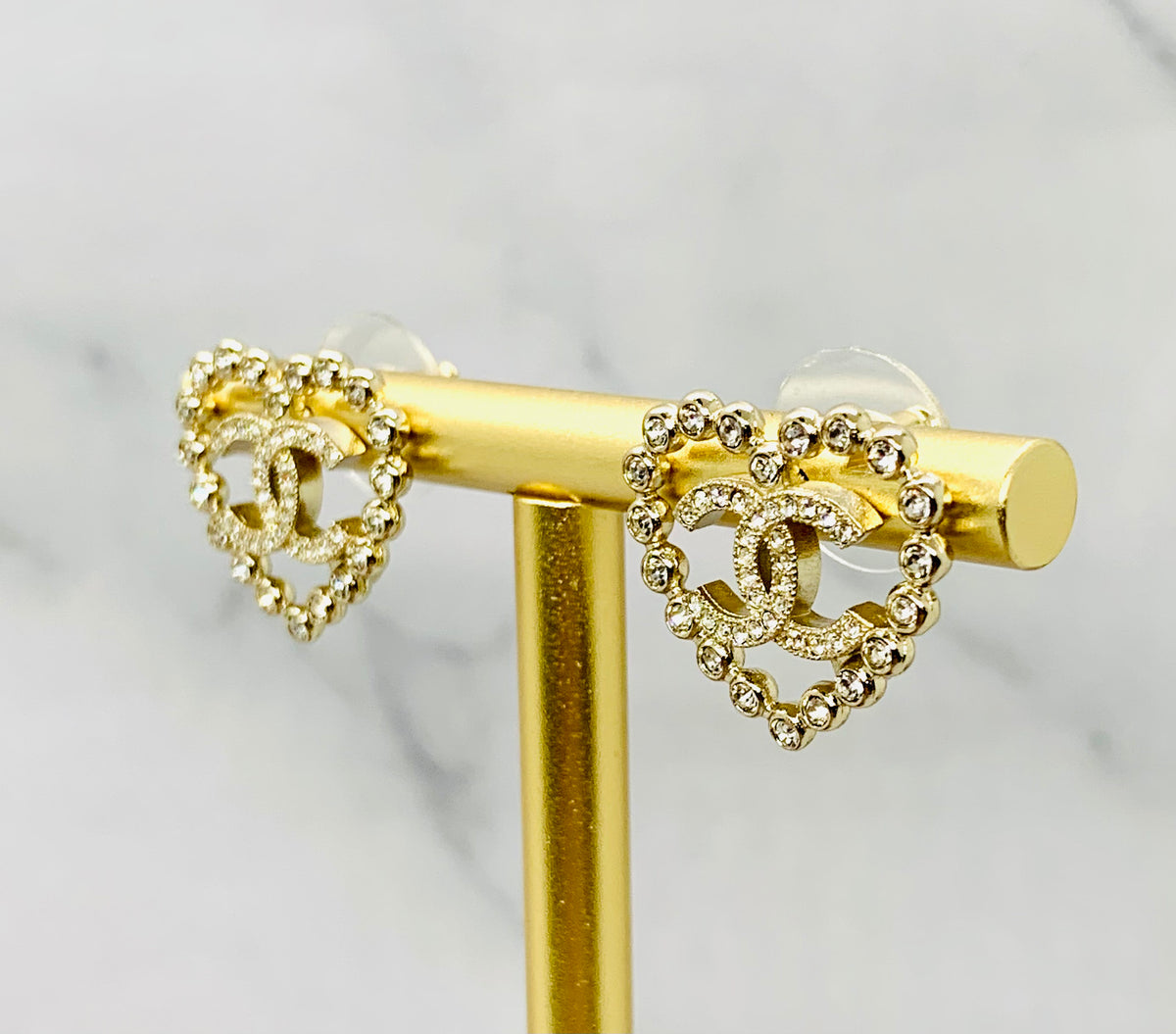 CHANEL CC Heart Gold Tone Rhinestone Earrings - Pre owned