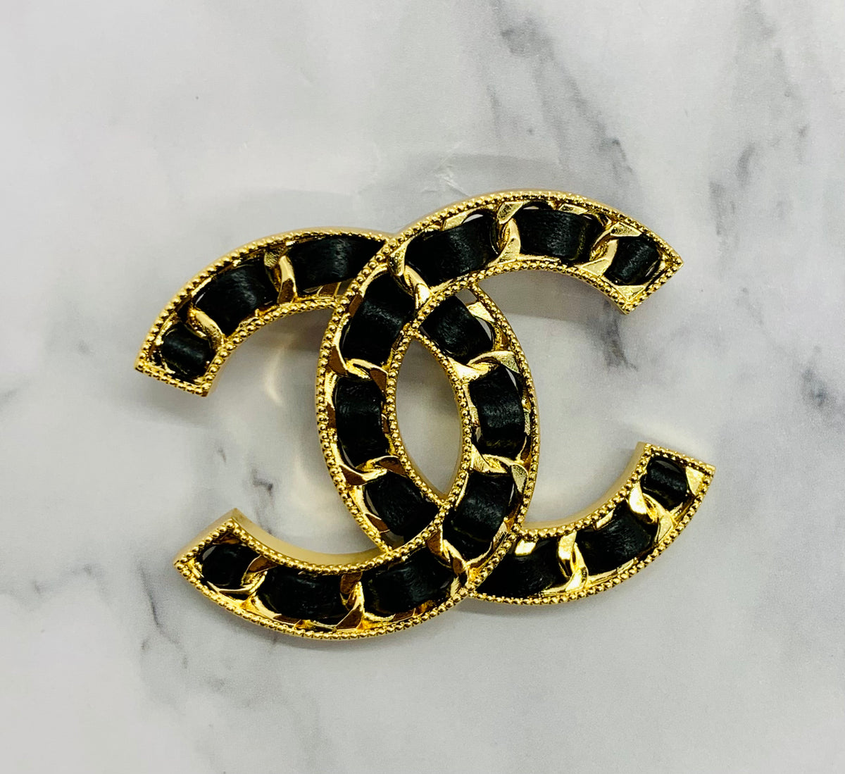 CHANEL CC Leather Trim Brooch Pin - USED