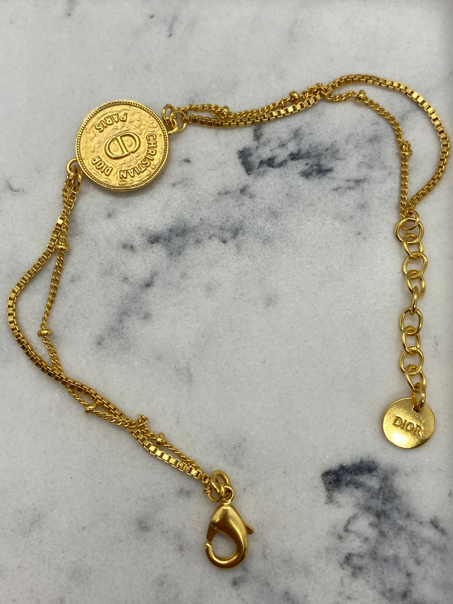 Auth CHRISTIAN DIOR Gold Tone Coin Multi Strand Bracelet - Pre owned
