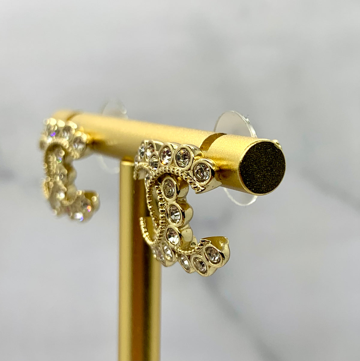 CHANEL CC Light Gold Tone Rhinestone Earrings - Pre owned