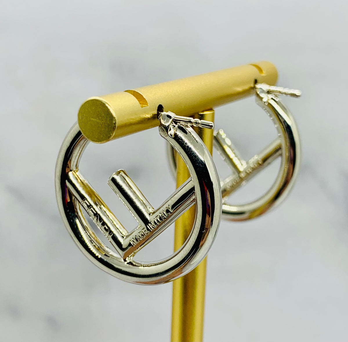 FENDI FF Silver Tone Hoop Earrings - Pre owned