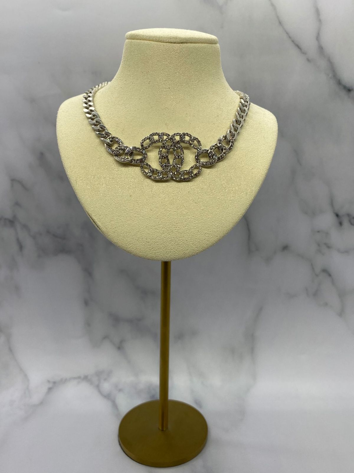 CHANEL CC Silver Tone Rhinestone Evening Choker Necklace - USED