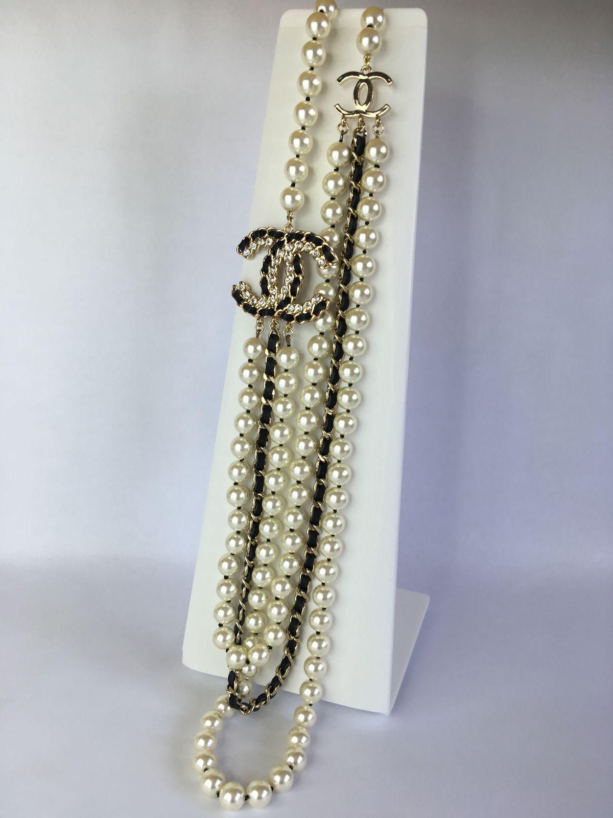 CHANEL CC Pearl & Leather Trim Multi Strand Necklace - Pre owned