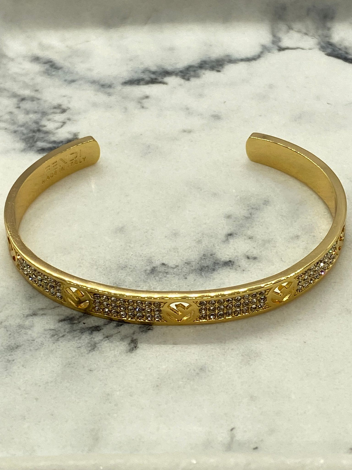 FENDI F Gold Tone Rhinestone Cuff Bracelet - Pre owned