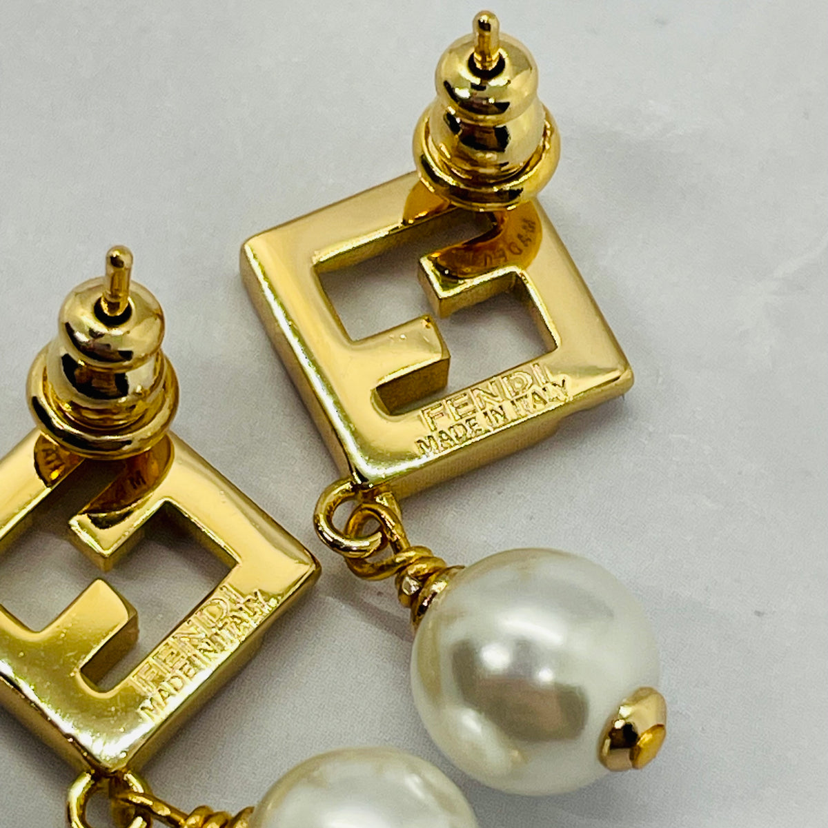 FENDI Rhinestone & Pearl Pendant Earrings - Pre owned