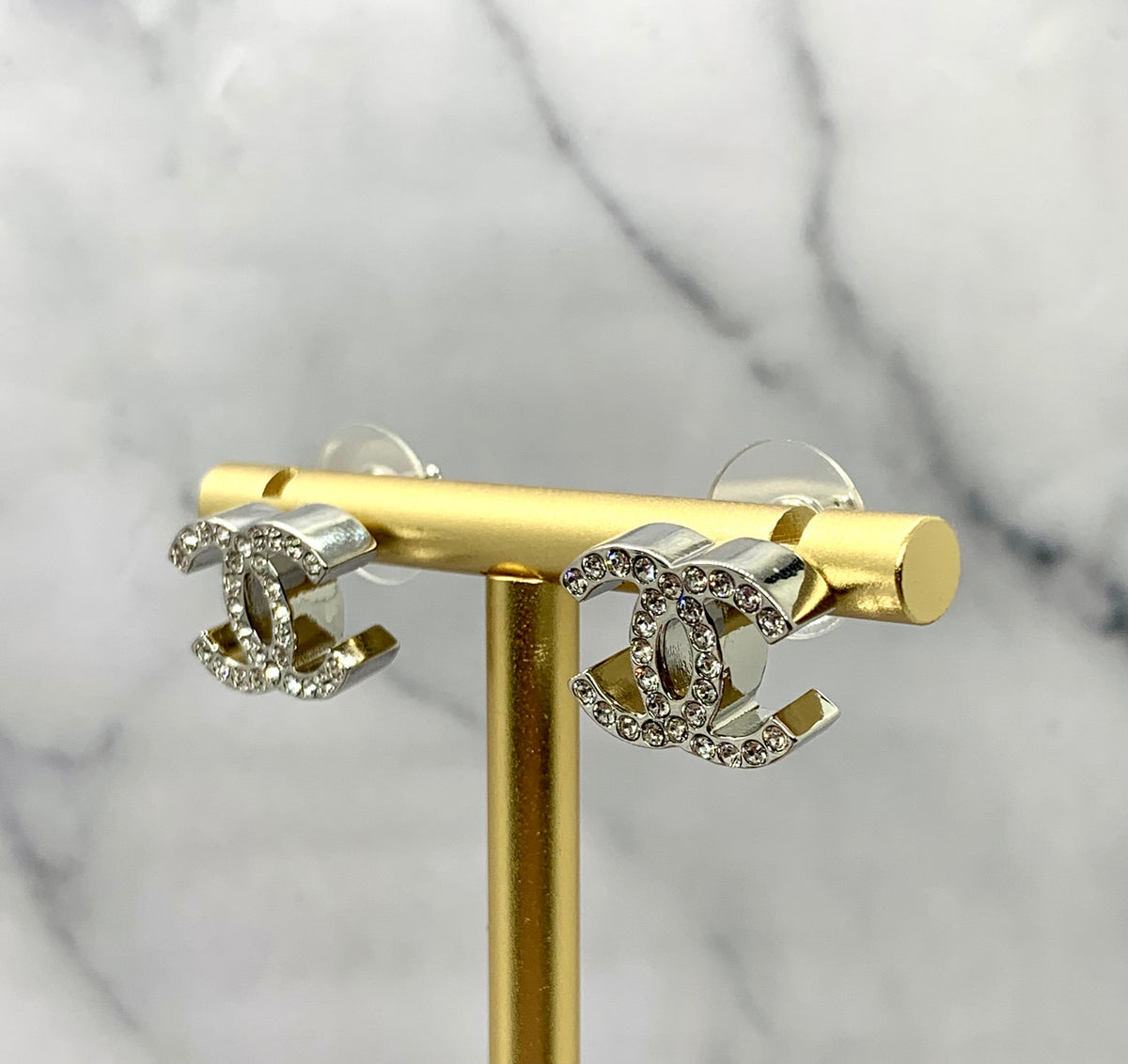 CHANEL CC Silver Tone Thick Rhinestone Earrings - Pre owned