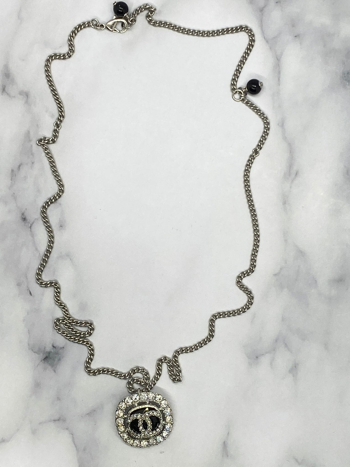 CHANEL CC Silver Tone Rhinestone Charm Necklace - USED
