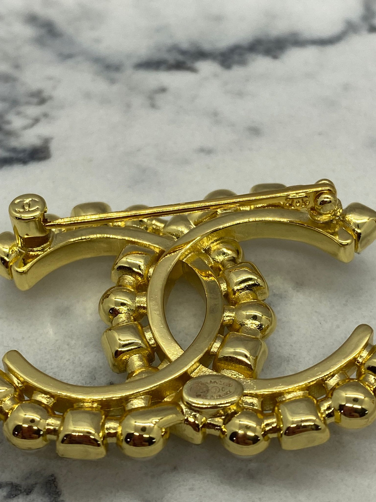 CHANEL CC Gold Tone Rhinestone Brooch Pin - USED