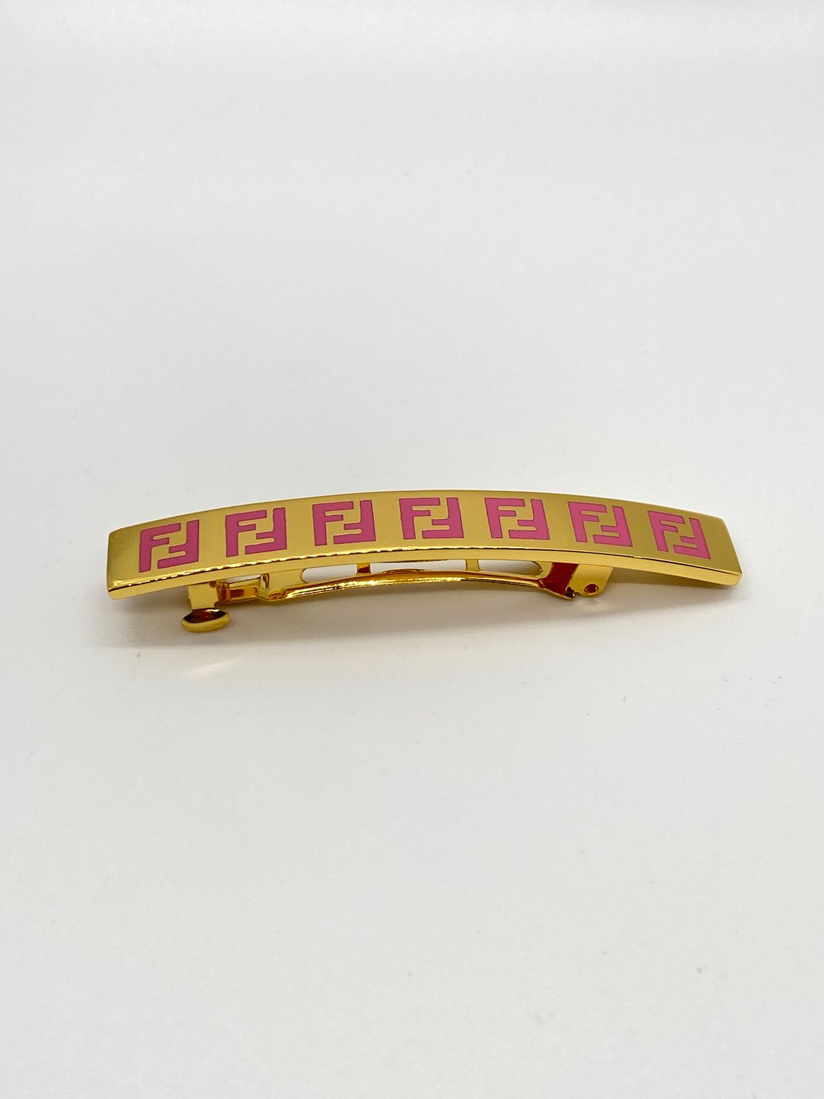 FENDI FF Pink on Gold Tone Logo Hair Clip - Pre owned