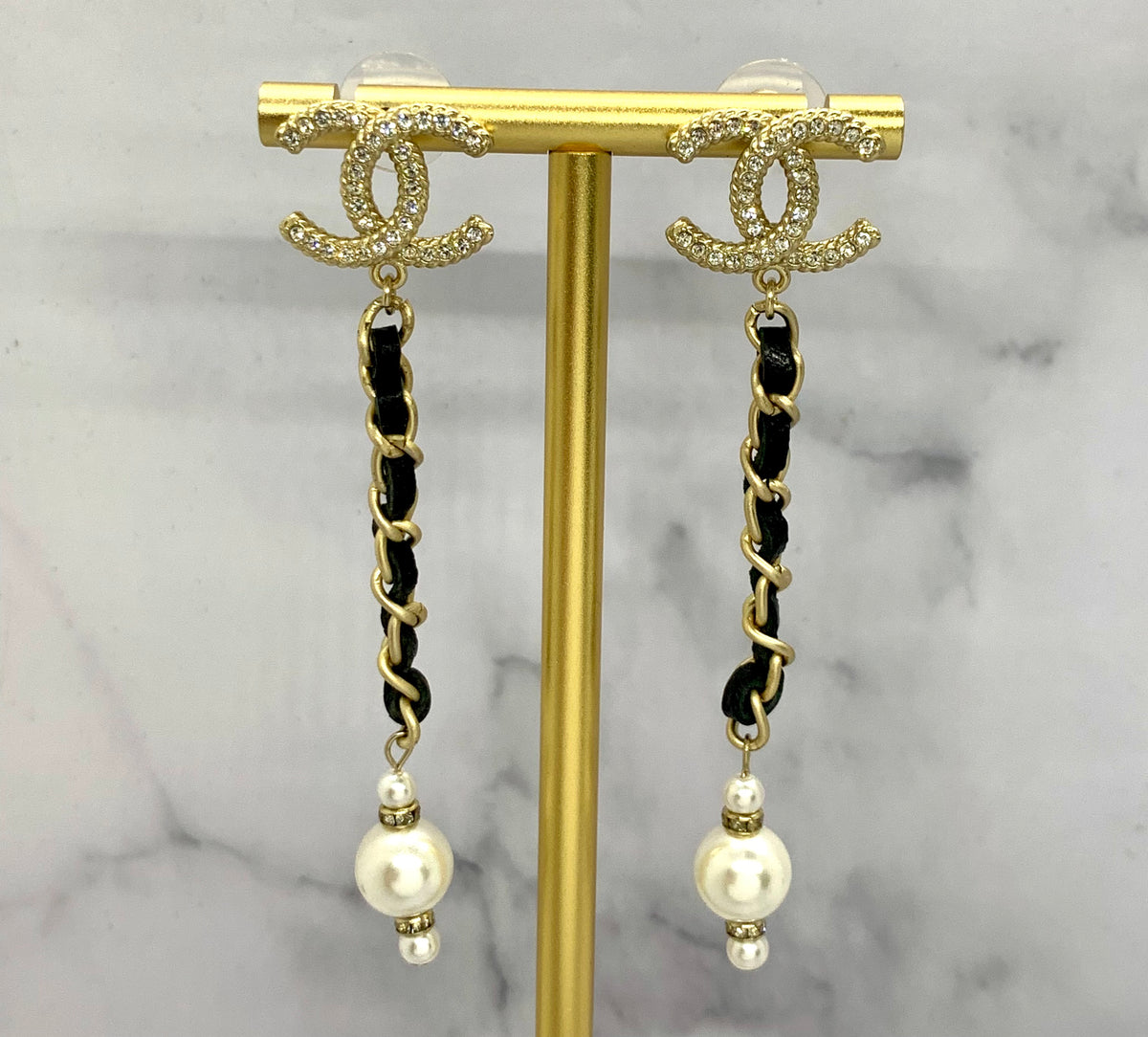 CHANEL CC Leather Trim Pendant Earrings - USED