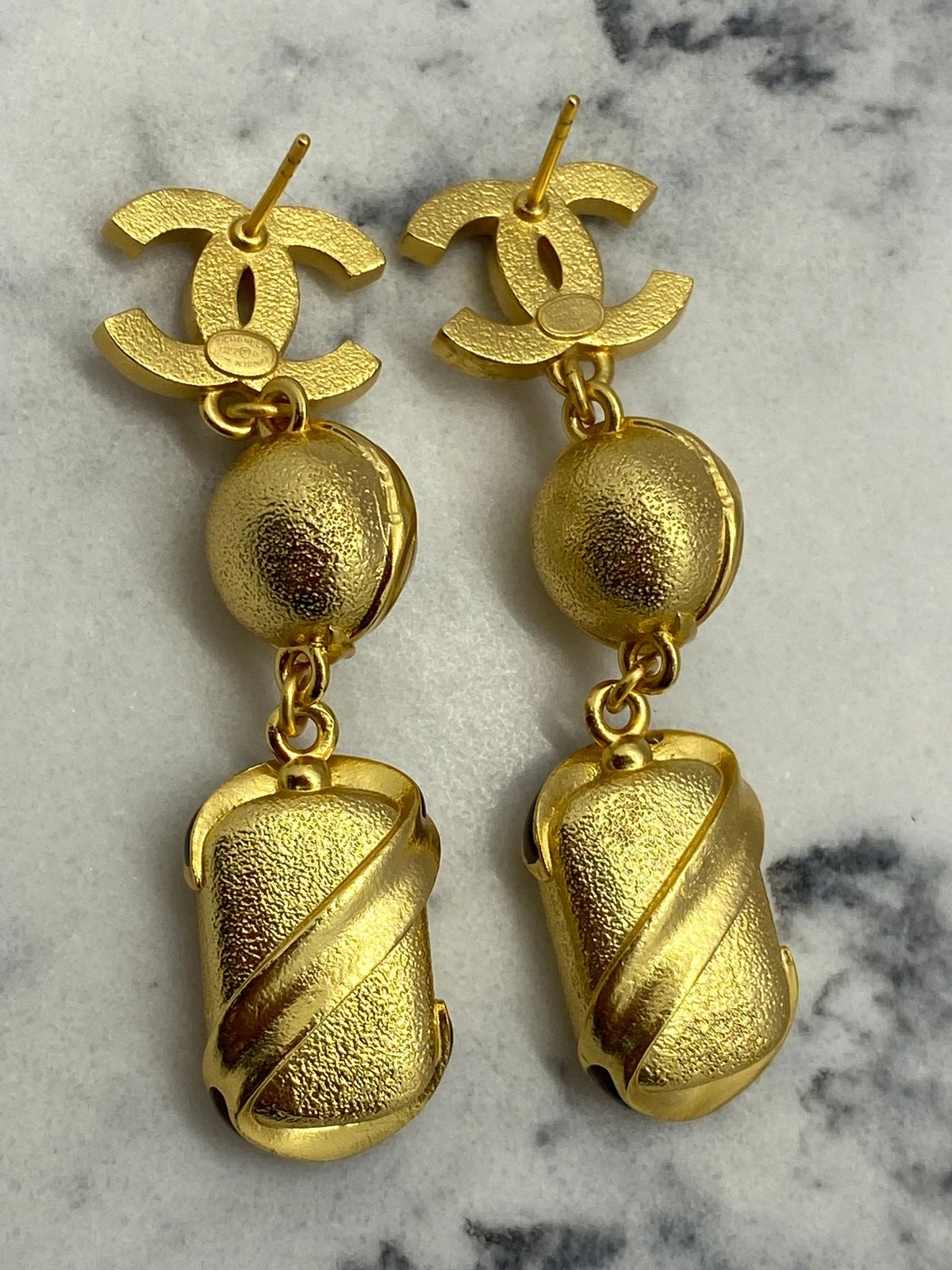 CHANEL CC Gold Tone Rhinestone Pendant Earrings - USED