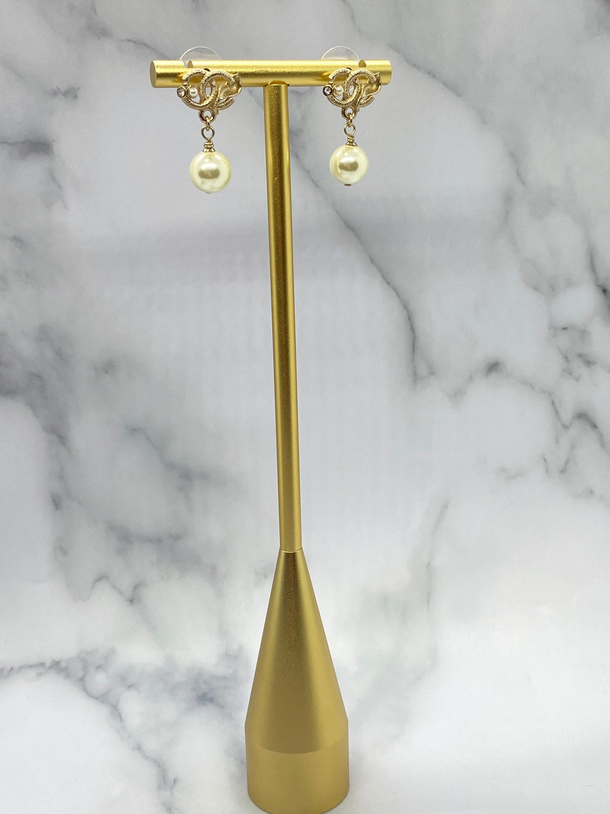 CHANEL CC Gold Tone Pearl Pendant Earrings - Pre owned