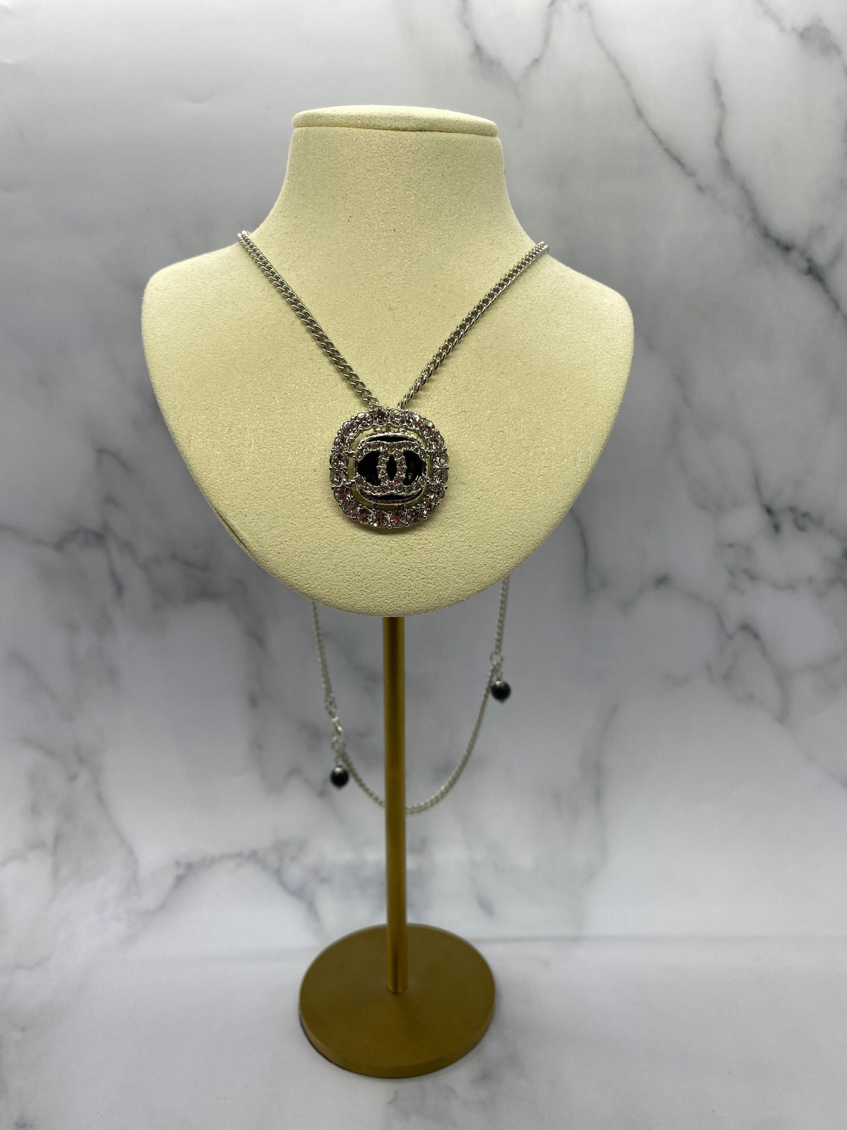 CHANEL CC Silver Tone Rhinestone Charm Necklace - USED