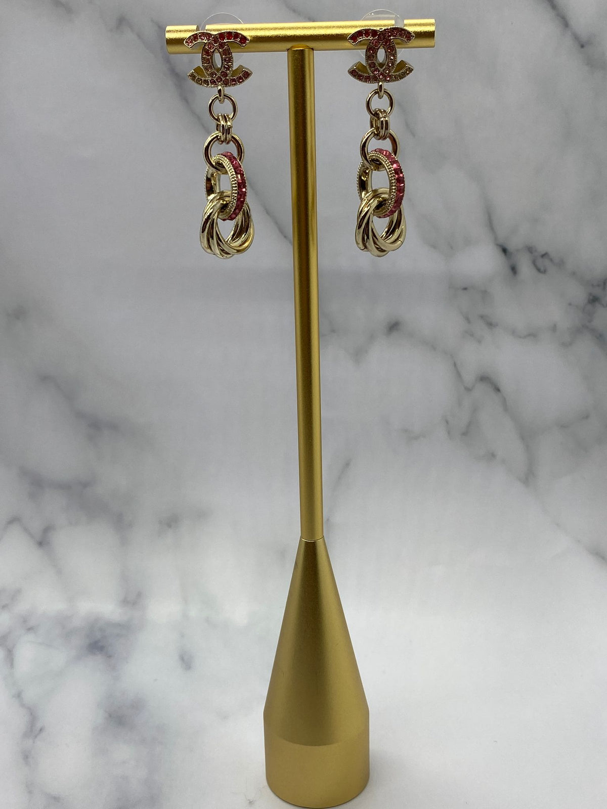 CHANEL Pink Rhinestone Pendant Earrings - USED
