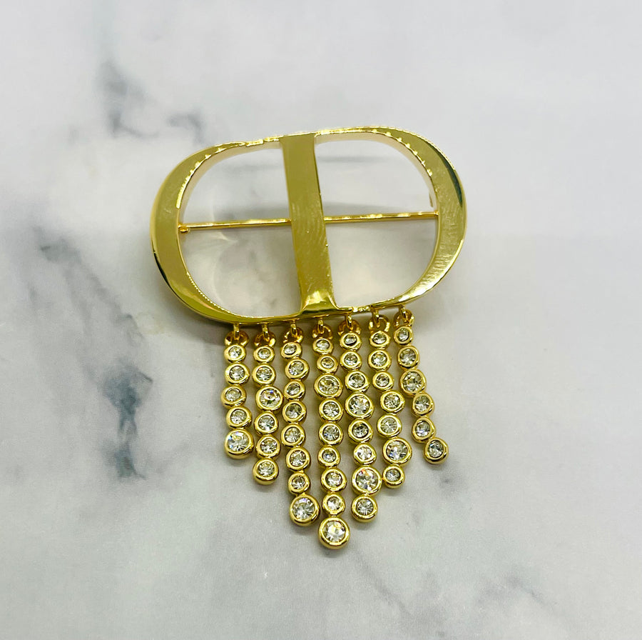 CHRISTIAN DIOR CD Rhinestone Fringe Brooch Pin - Pre owned