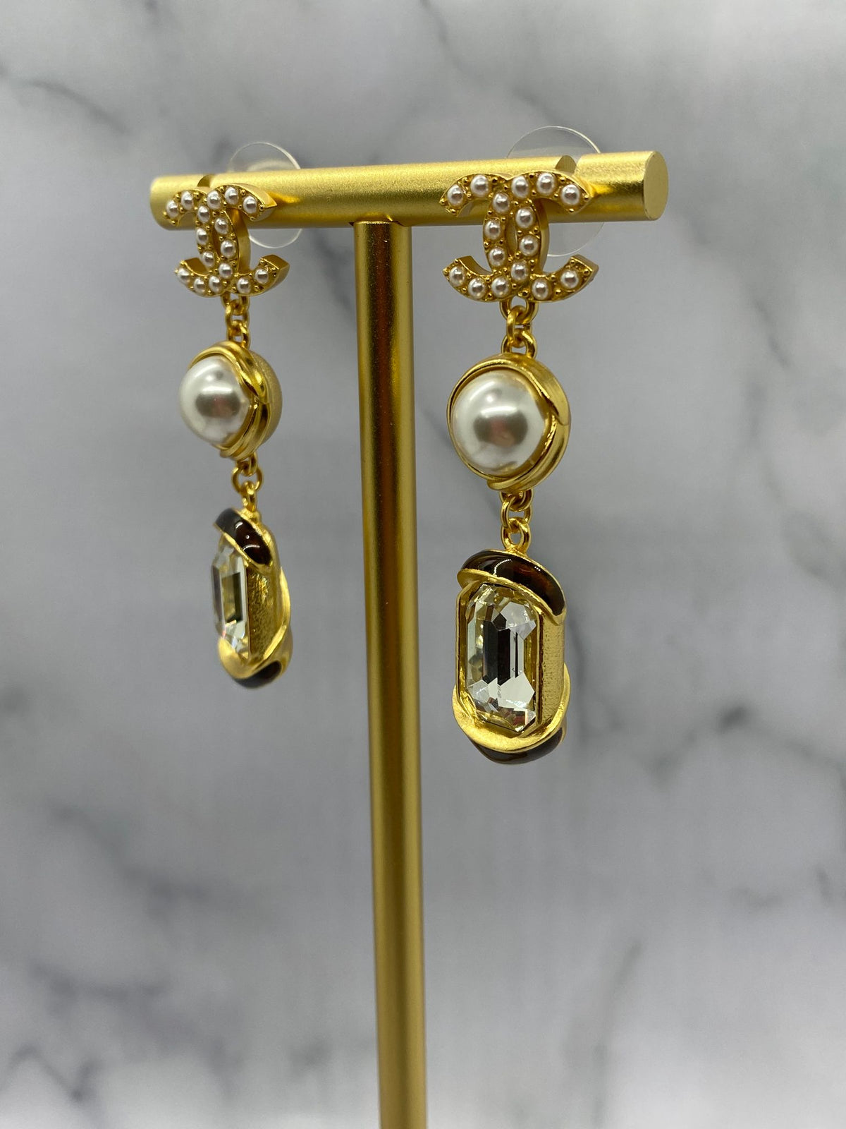 CHANEL CC Gold Tone Rhinestone Pendant Earrings - USED