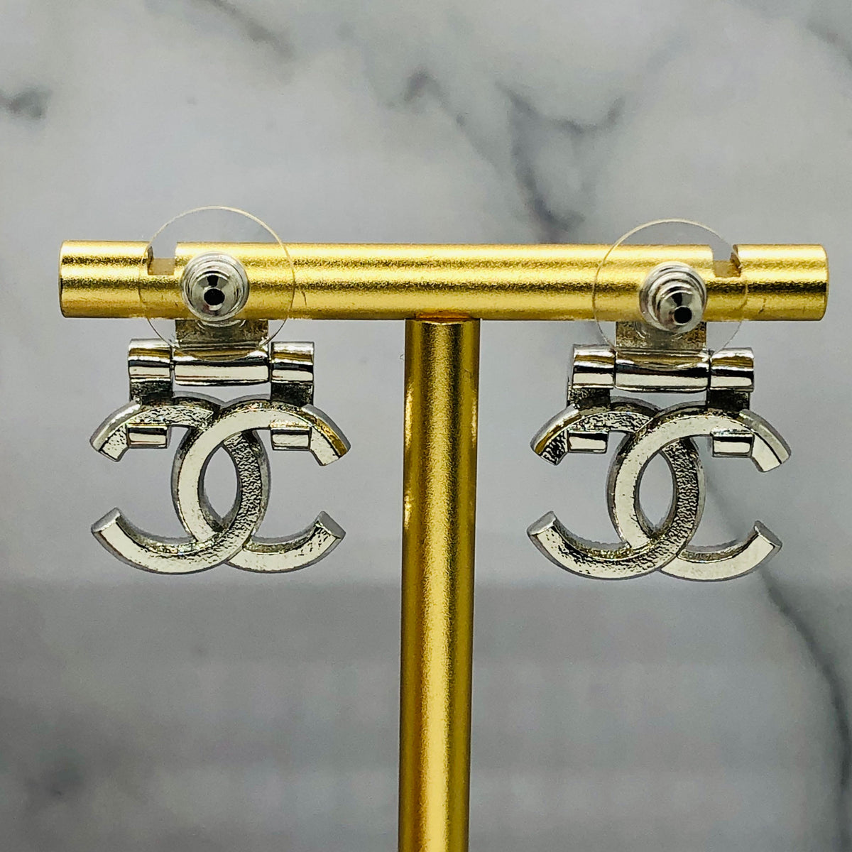 CHANEL CC Silver Tone Rhinestone Earrings - USED