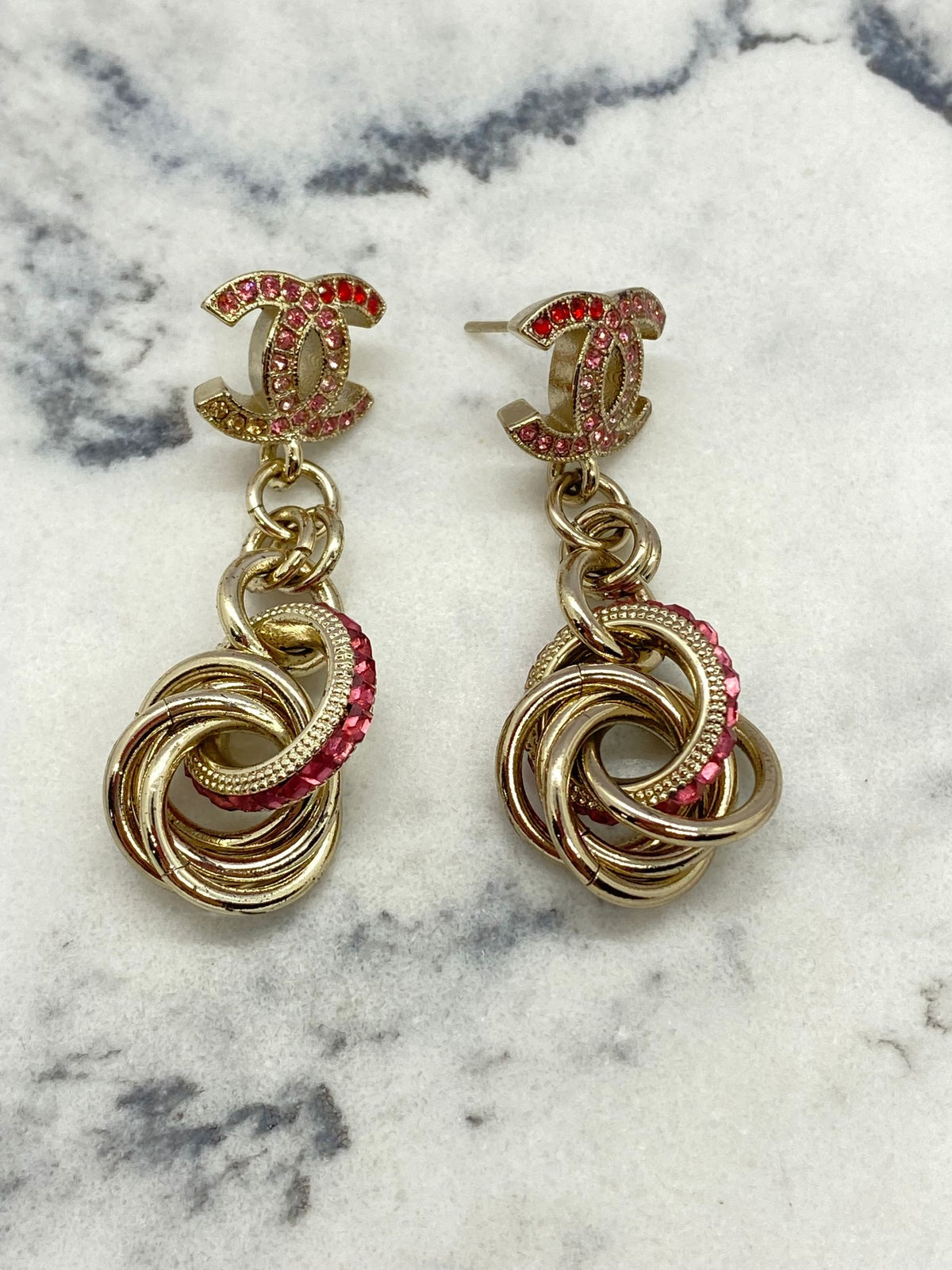CHANEL Pink Rhinestone Pendant Earrings - USED