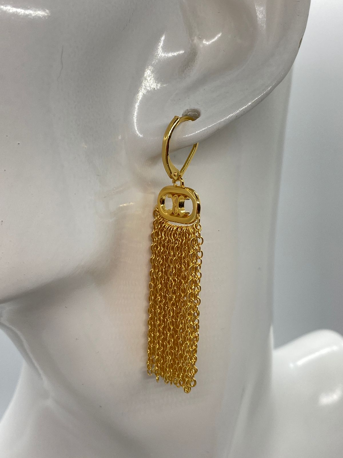 CELINE Gold Tone Fringe Monogram Pendant Earrings - Pre owned