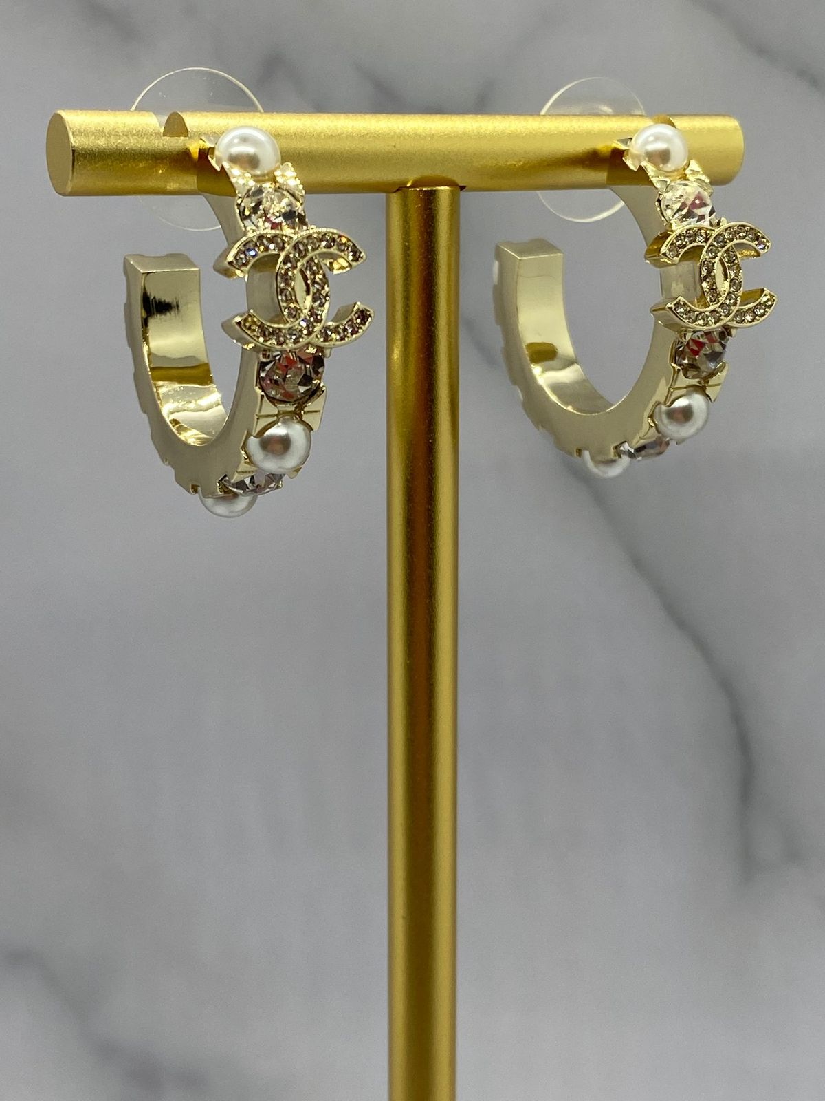 CHANEL CC Gold Tone Rhinestone Hoop Earrings - Pre owned