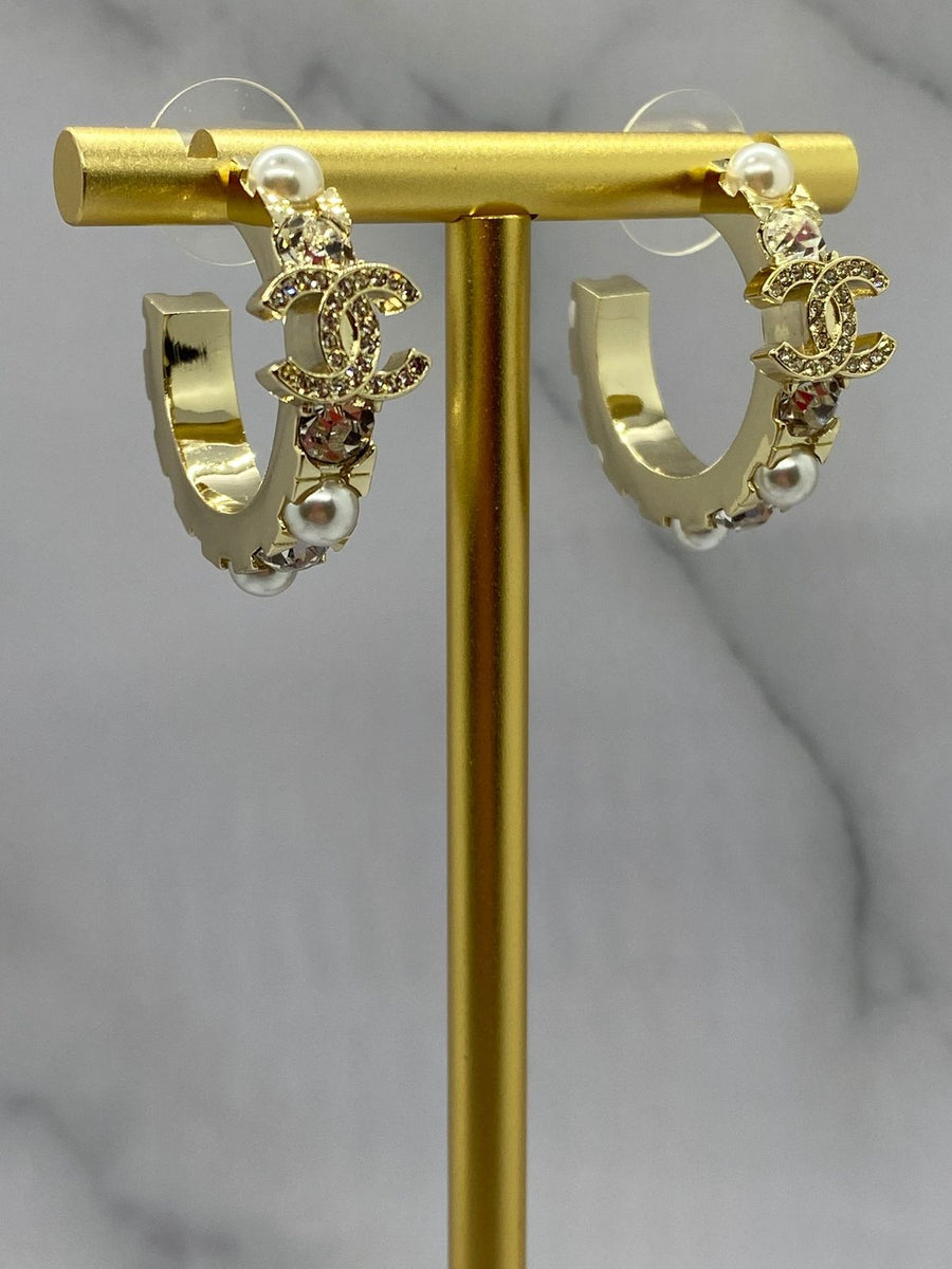 CHANEL CC Gold Tone Rhinestone Hoop Earrings - Pre owned