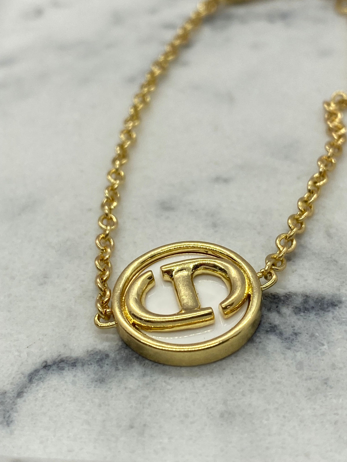 Auth CHRISTIAN DIOR CD Gold Tone White Logo Chain Bracelet - USED