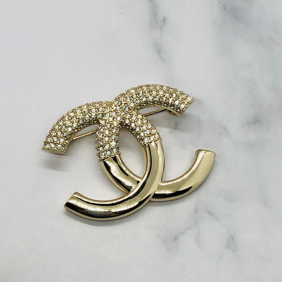 CHANEL CC Silver Tone Half Rhinestone Brooch Pin - Pre owned