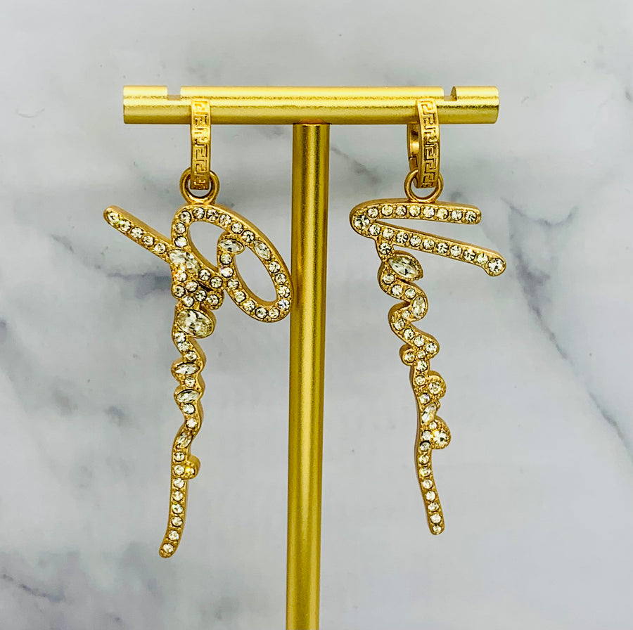 VERSACE Rhinestone Script Pendant Earrings - Pre owned