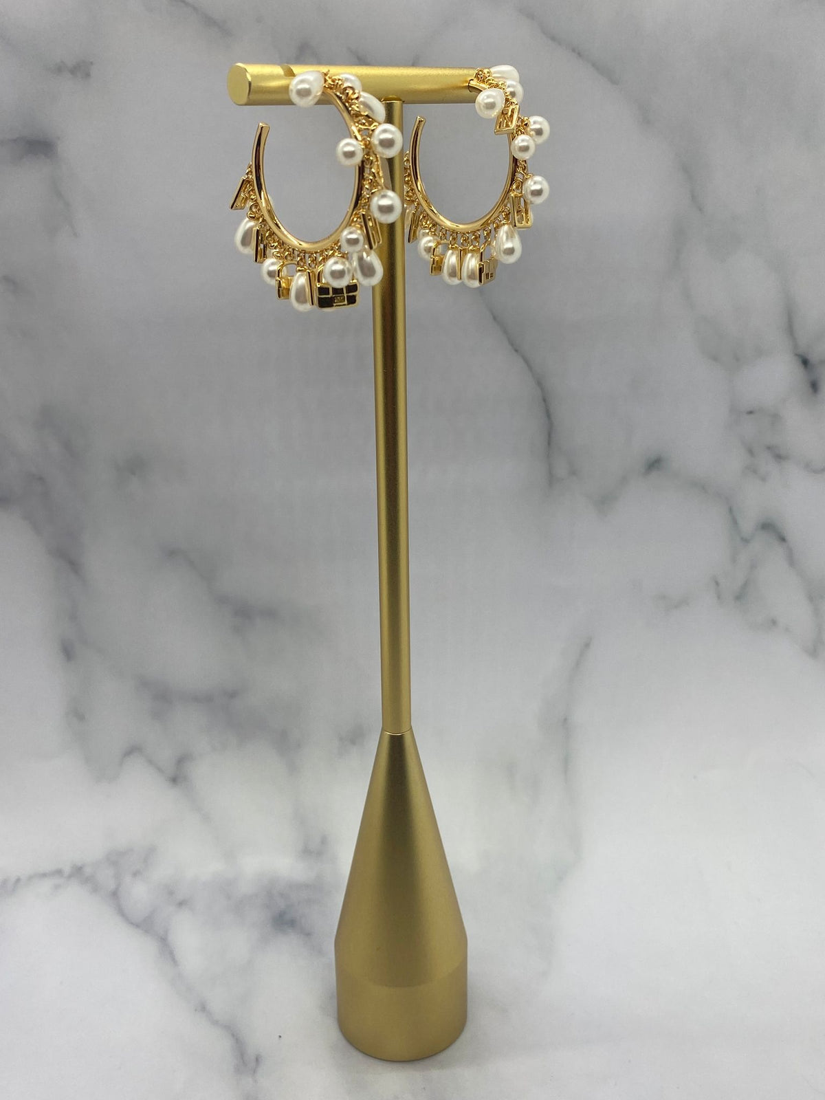 FENDI Gold & Pearl Baguette Charm Hoop Earrings - Pre owned