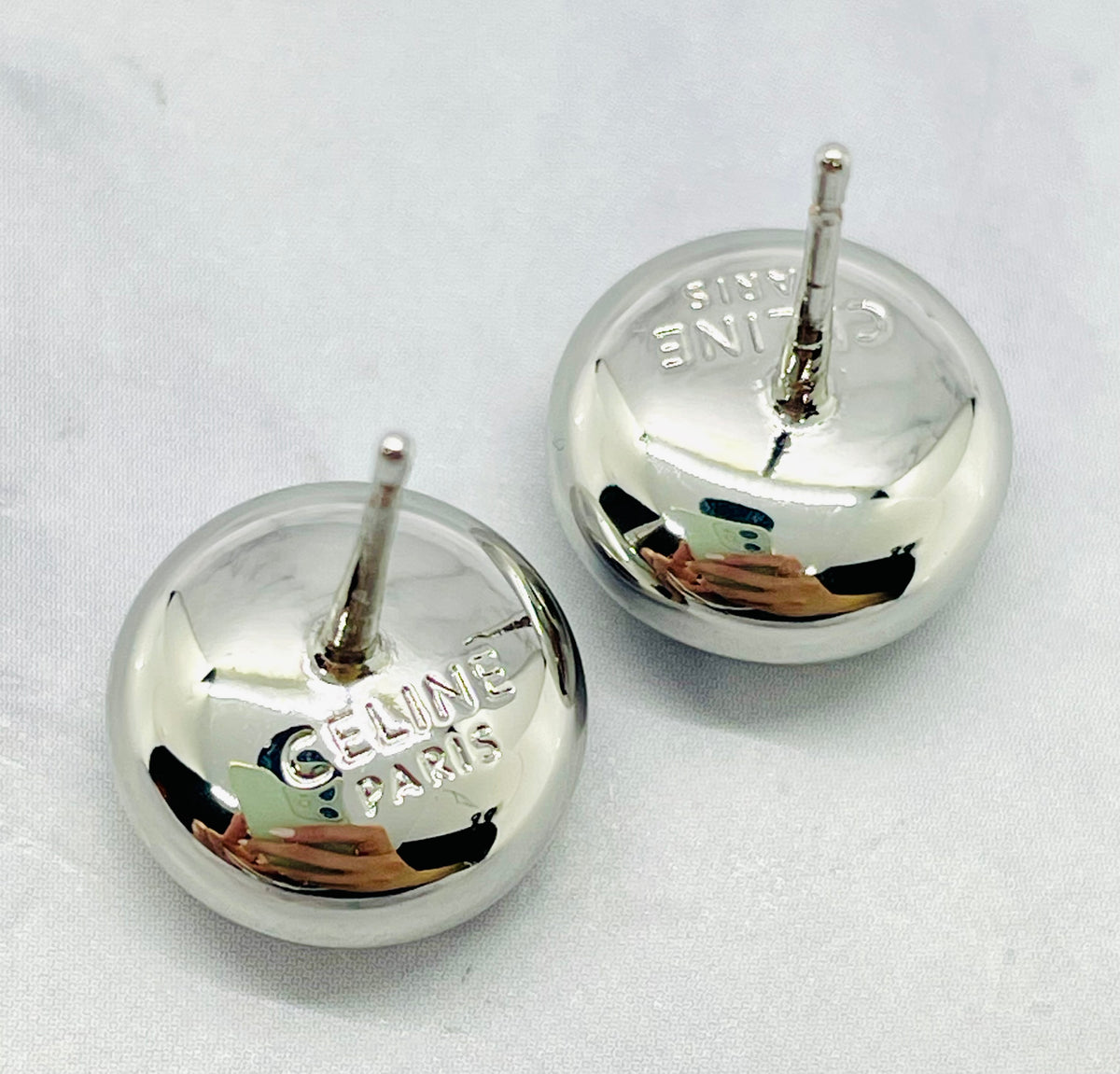 CELINE Monogram Silver Button Earrings - Pre owned
