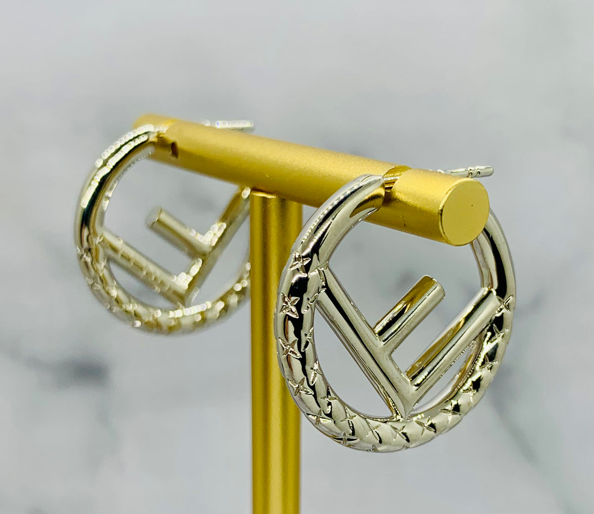 FENDI FF Silver Tone Hoop Earrings - Pre owned