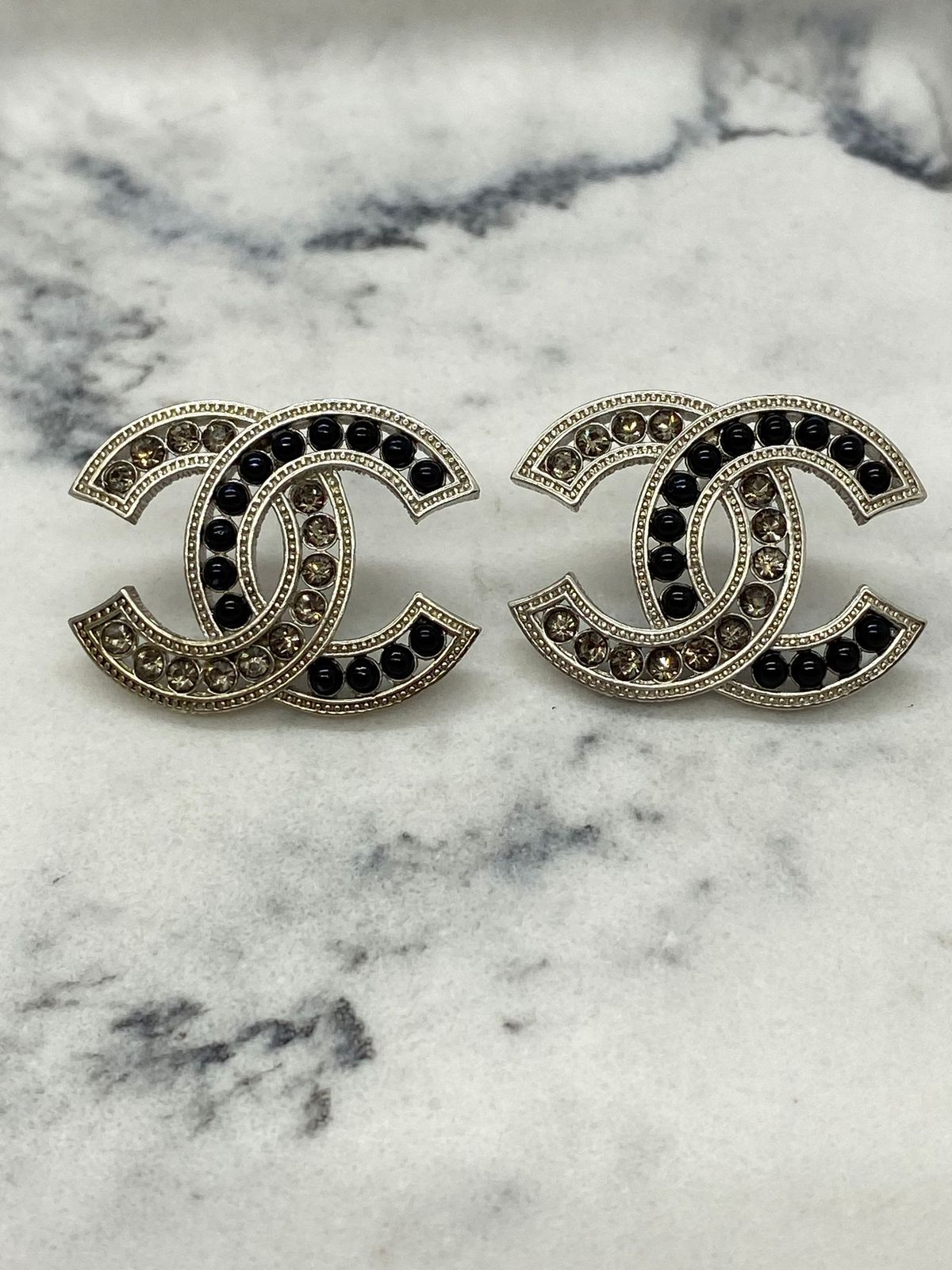 CHANEL CC Silver Tone Black Pearl Trim Earrings - USED