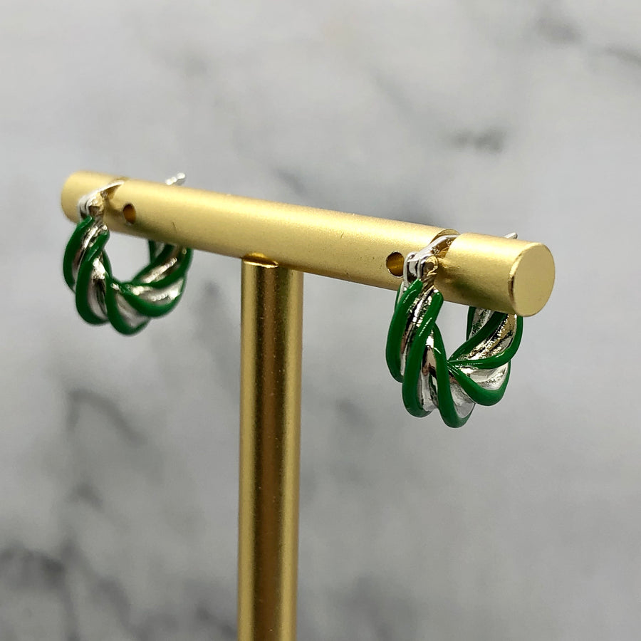 BOTTEGA VENETA Silver & Green Swirl Hoop Earrings - Preowned