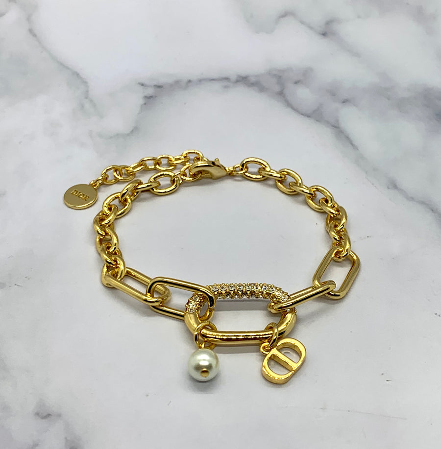 CHRISTIAN DIOR CD Rhinestone Chain Bracelet - Pre owned