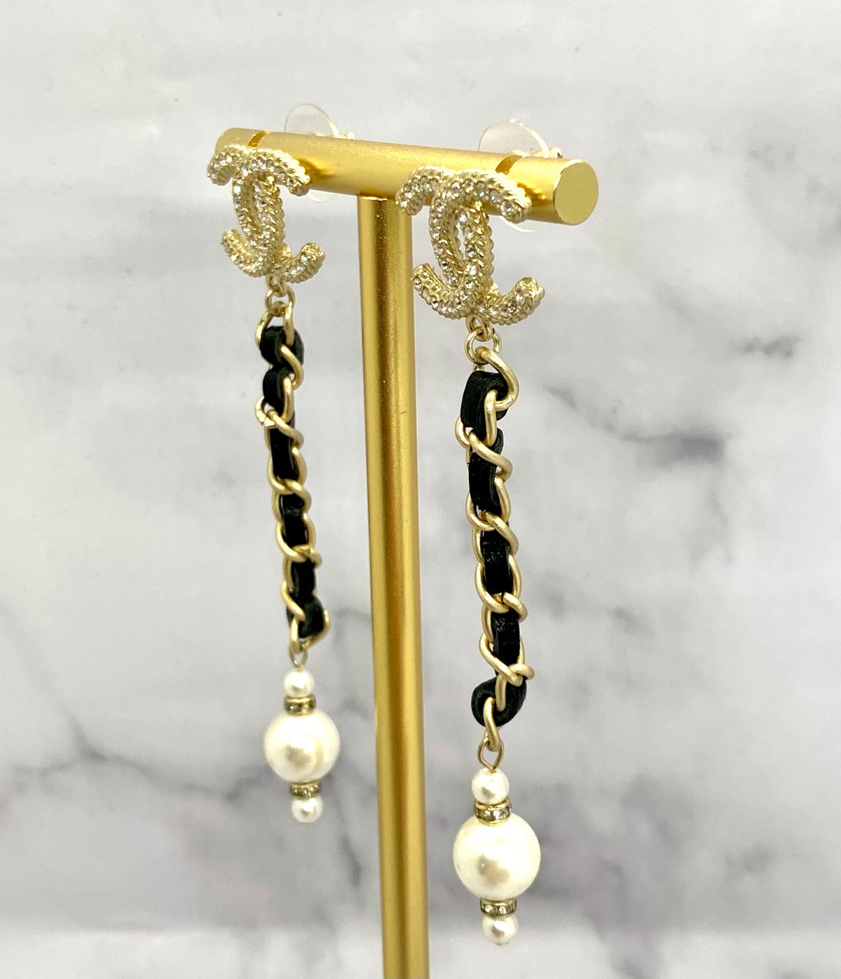 CHANEL CC Leather Trim Pendant Earrings - USED