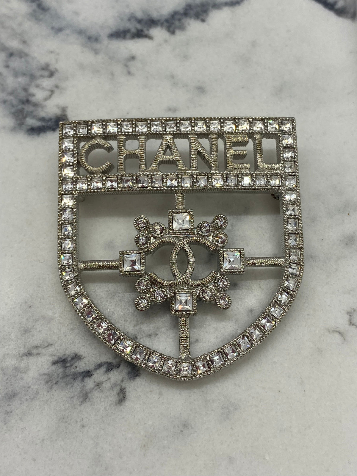 CHANEL CC Silver Tone Rhinestone Shield Brooch - Pre owned