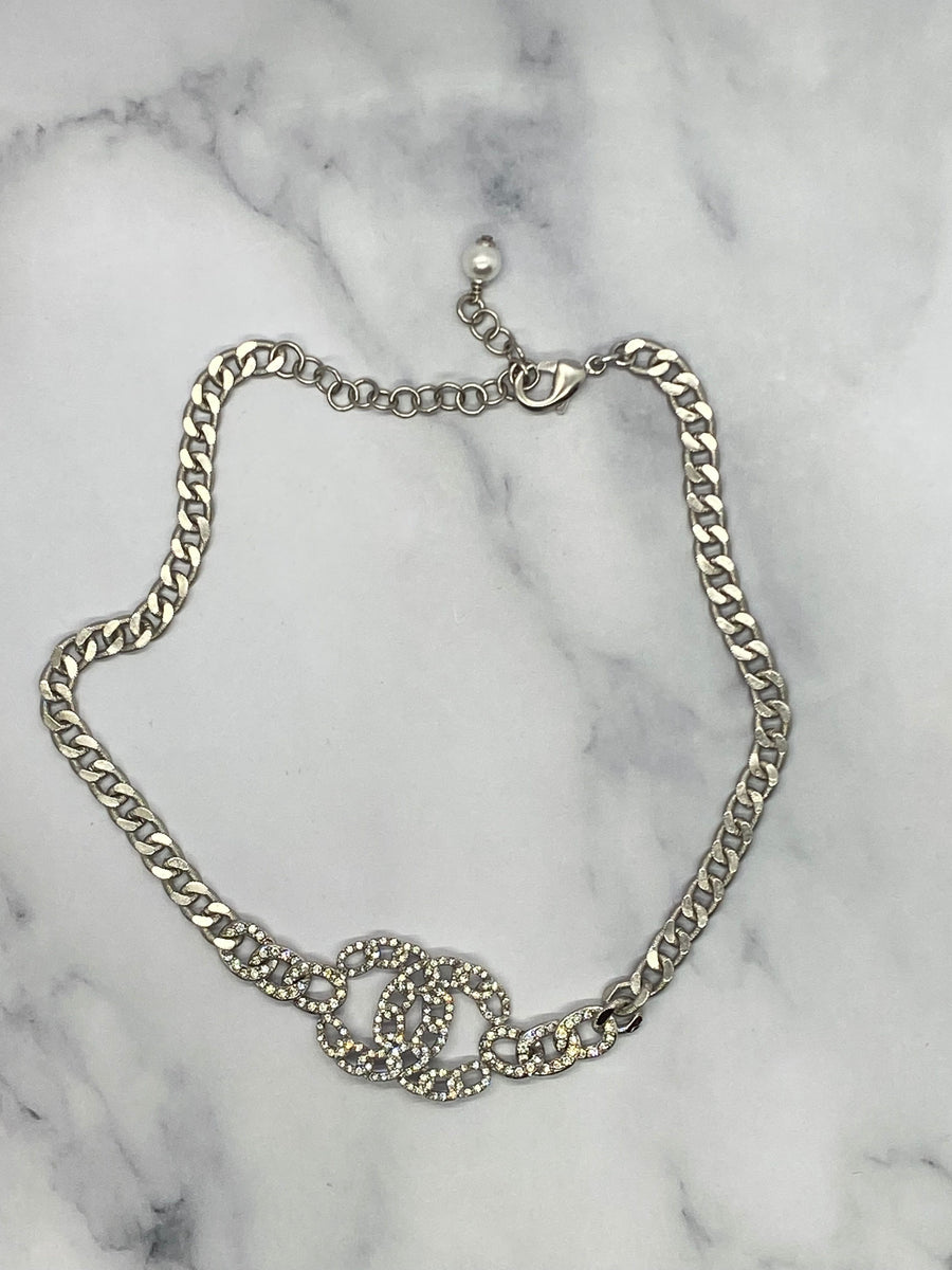 CHANEL CC Silver Tone Rhinestone Evening Choker Necklace - USED