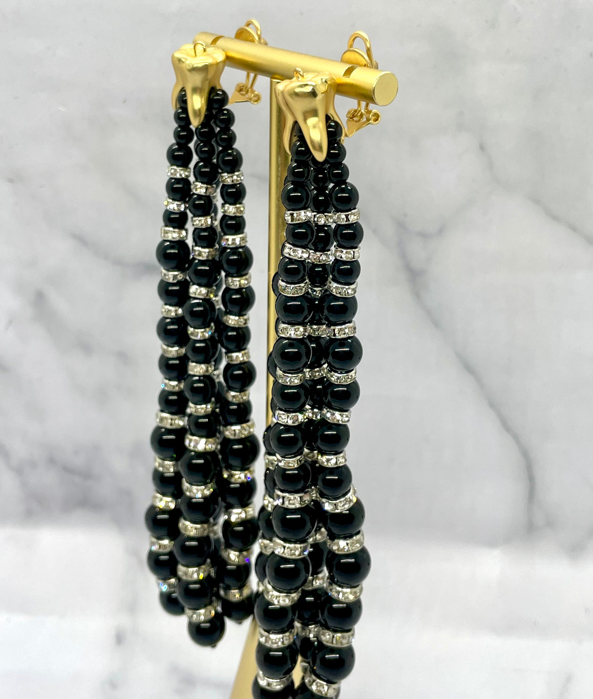 SCHIAPARELLI Black Beaded Pendant Tooth Earrings - Pre owned