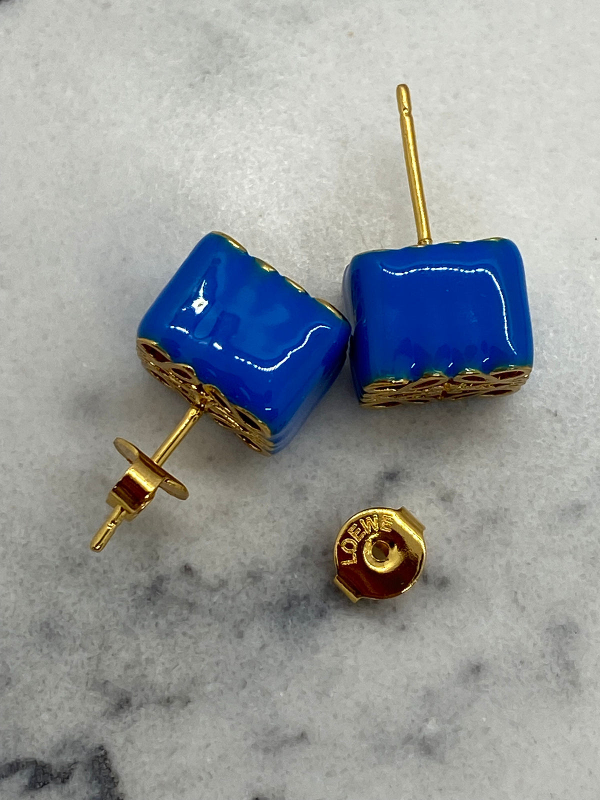 LOEWE Gold Tone & Blue Enamel Monogram Earrings - Pre owned