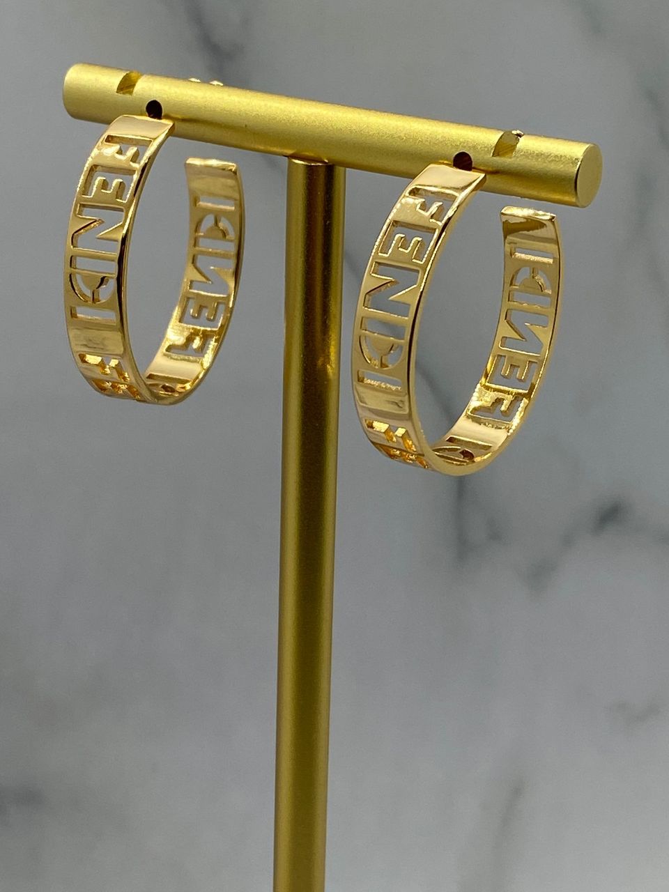 FENDI FF Gold Tone Monogram Hoop Earrings - Pre owned