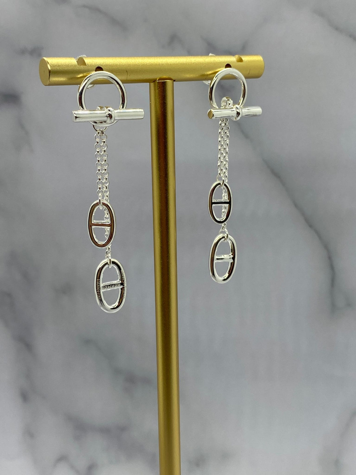 HERMES Silver Tone Monogram Pendant Earrings - Pre owned