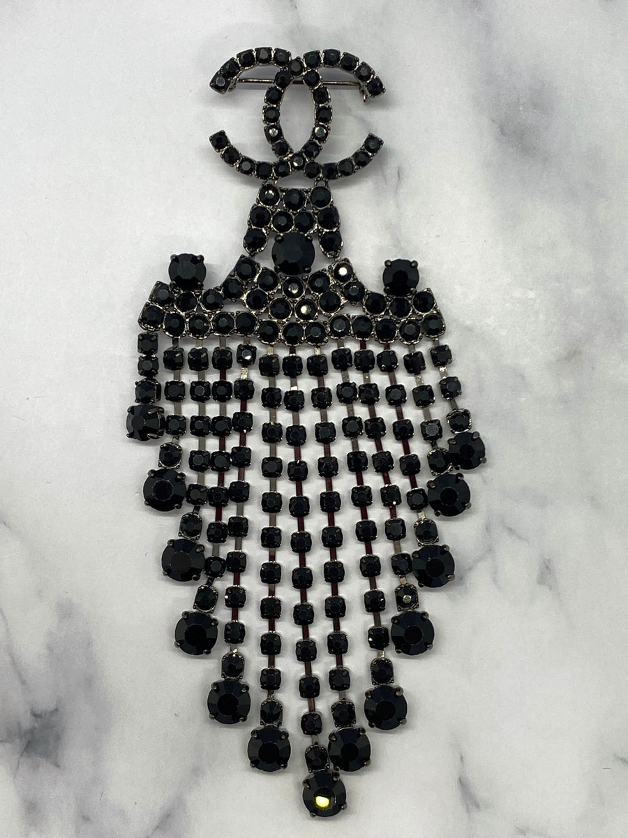 CHANEL CC Black Rhinestone Large Statement Brooch Pin - USED