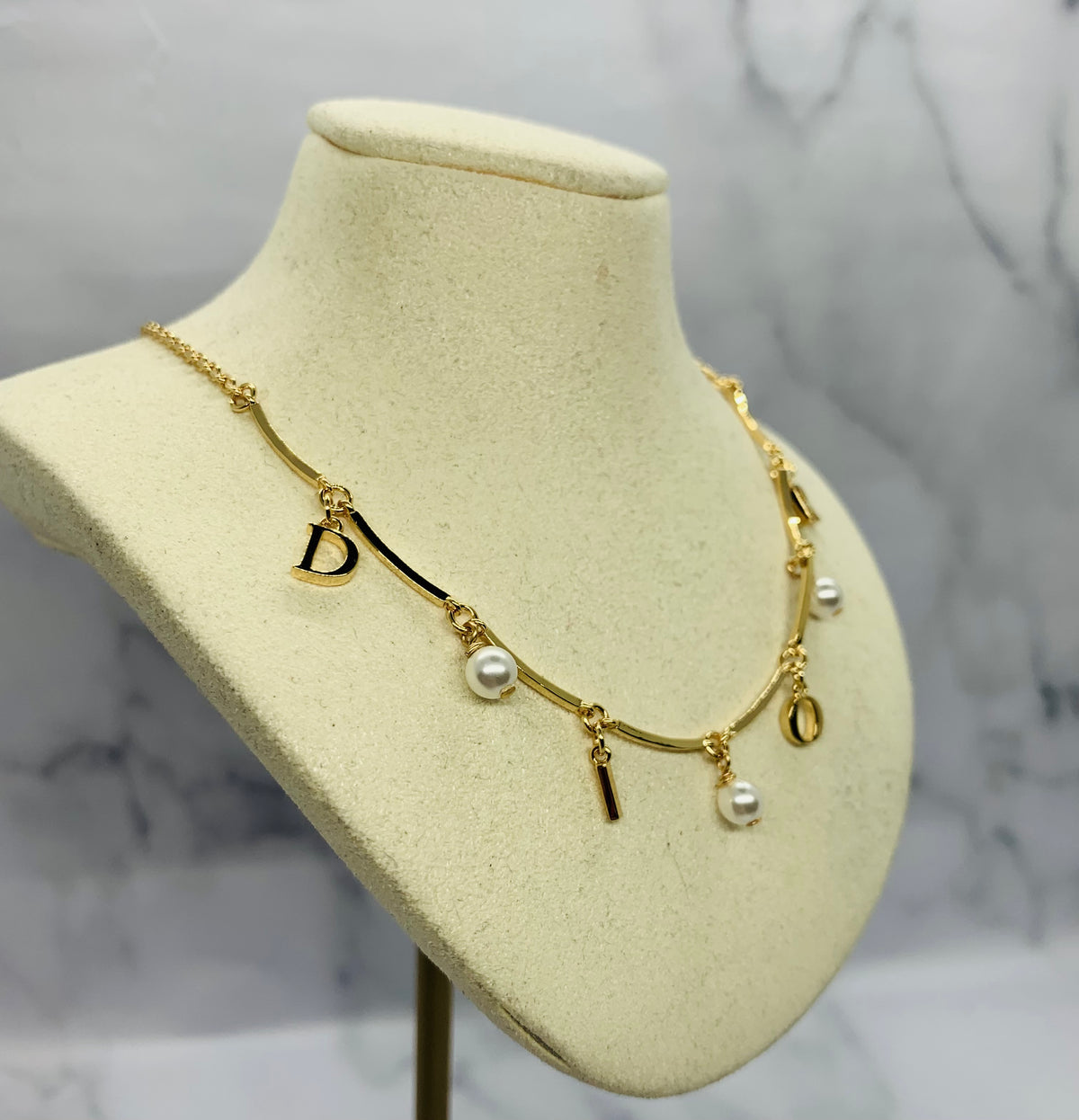 CHRISTIAN DIOR Pearl Trim Monogram Necklace - Pre owned