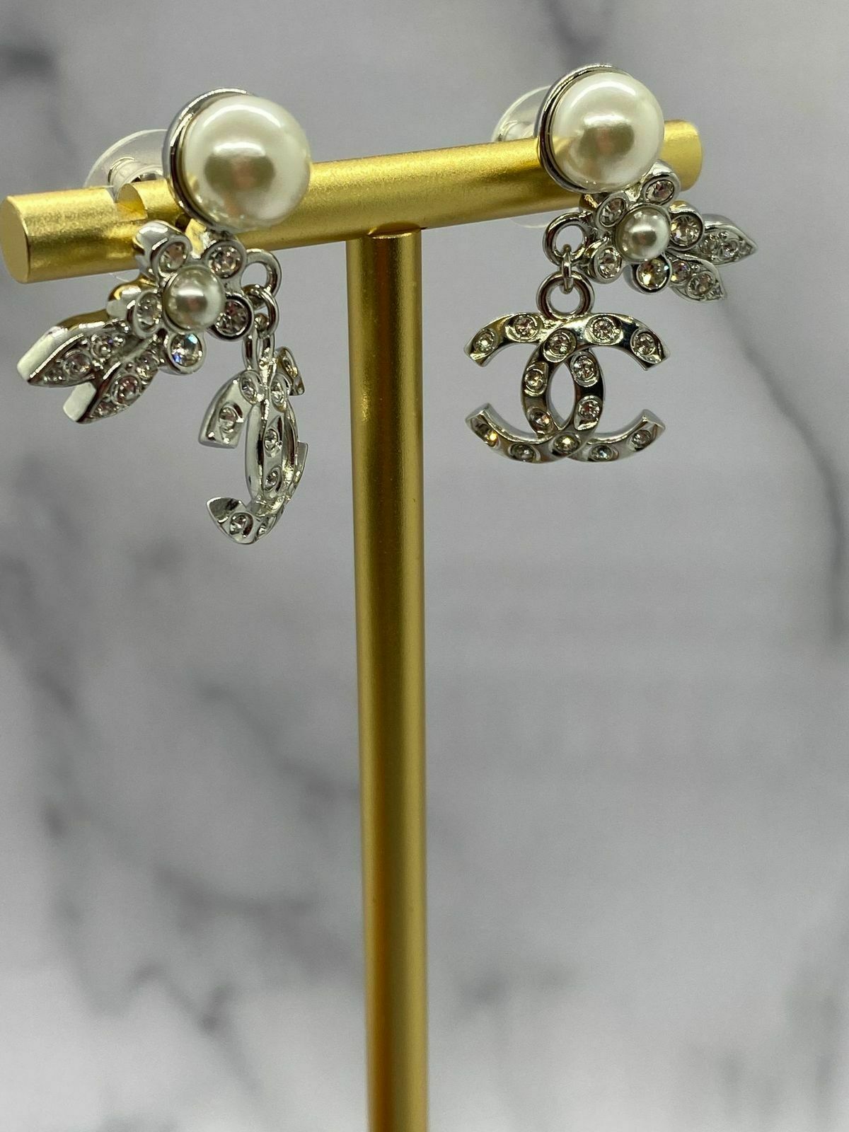 CHANEL CC Silver Tone Pearl Flower Pendant Earrings - USED