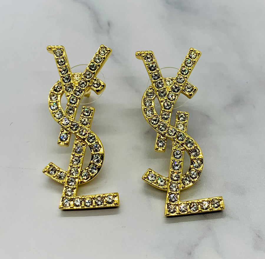 YSL YVES SAINT LAURENT Rhinestone Monogram Earrings - Pre owned