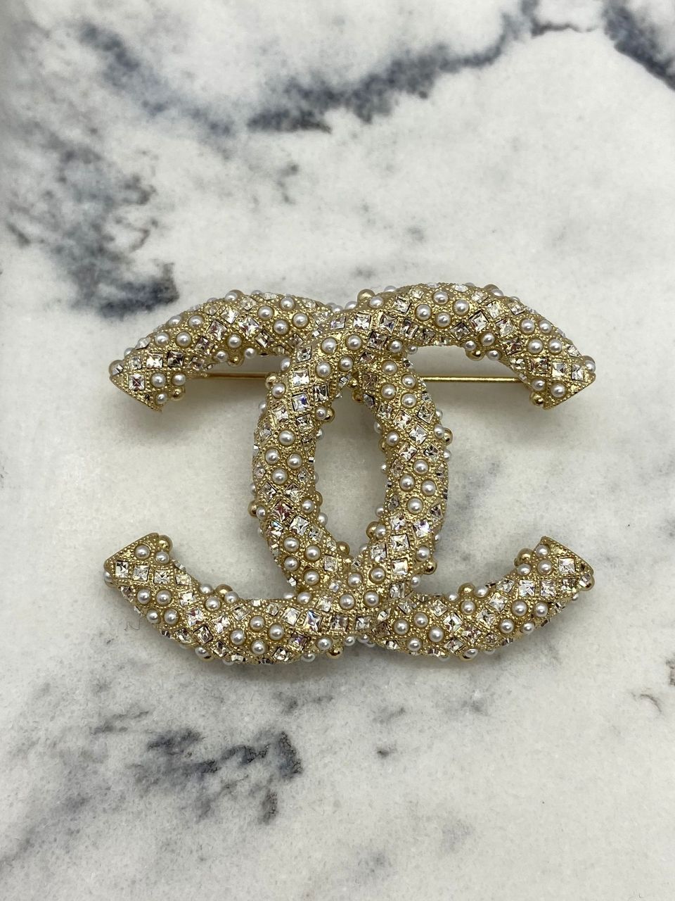 CHANEL CC Gold Tone Rhinestone Brooch Pin - USED