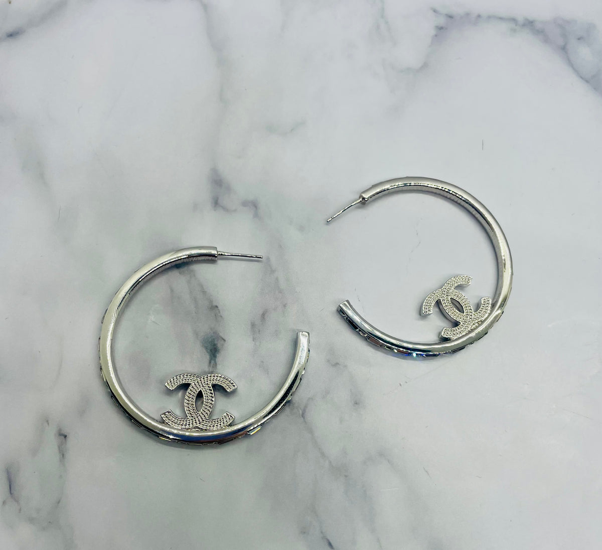 CHANEL CC Silver Tone Rhinestone Hoop Earrings - USED