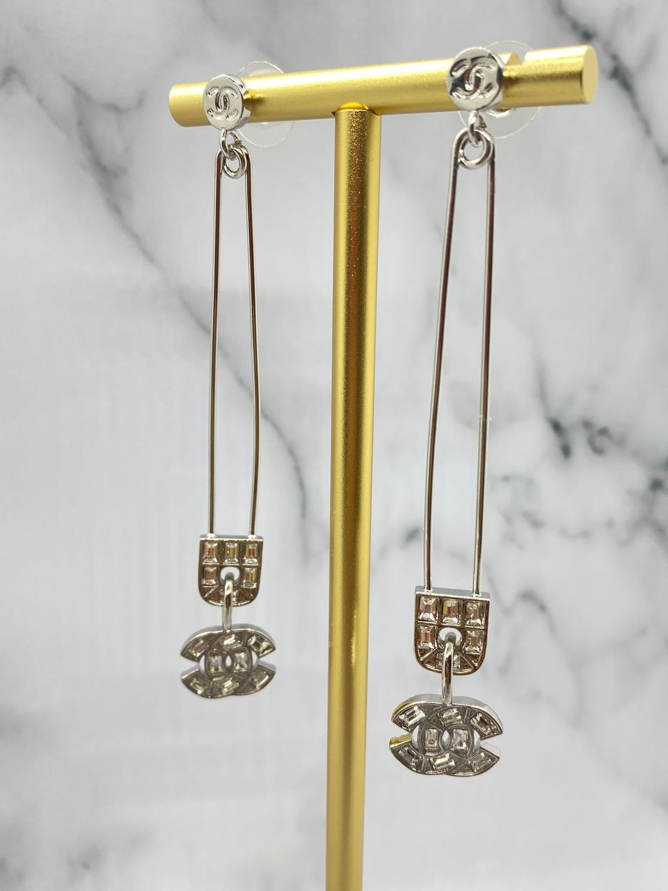 CHANEL CC Silver Tone Safety Pin Rhinestone Earrings - Pre owned